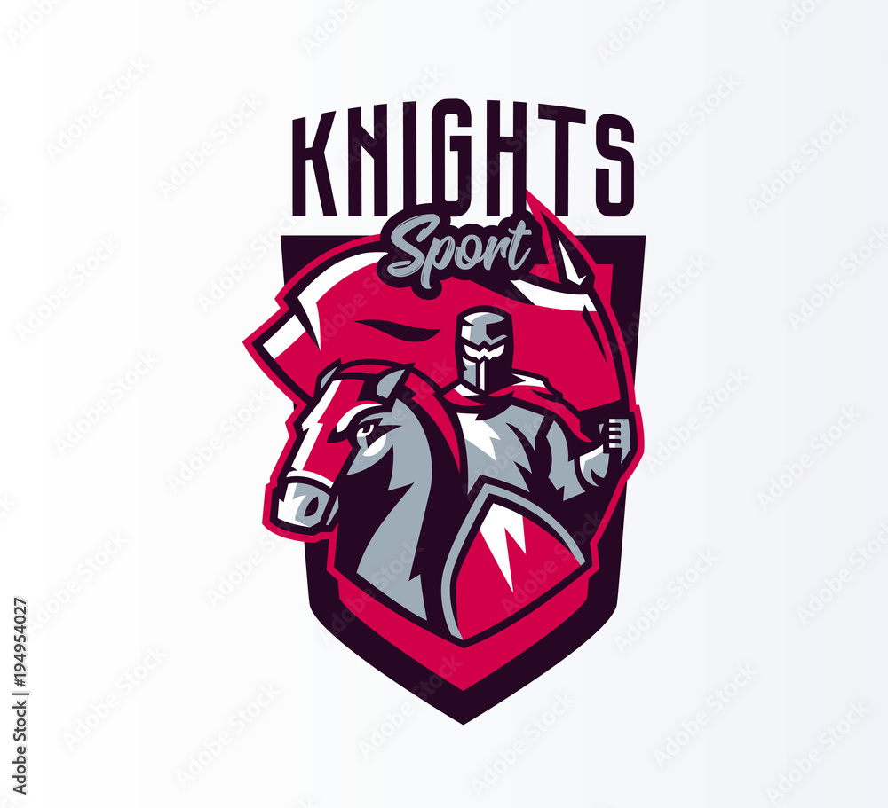 Emblem, logo, sticker, knight with flag on horseback. Crusader, swordsman, warrior, armor, banner, stallion. Shield, lettering, print. Vector illustration Emblem, logo, sticker, knight with flag on horseback. Crusader, swordsman, warrior, armor, banner, stallion. Shield, lettering, print. Vector illustration