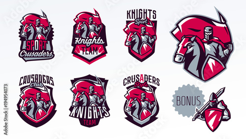 A set of emblems, logos, stickers, a knight with a flag on a horse. Crusader, swordsman, warrior, armor, banner, stallion. Shield, lettering, print. Vector illustration