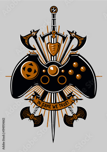 Gamers poster. Video and computers game. Vintage sign with joystic and fantas...