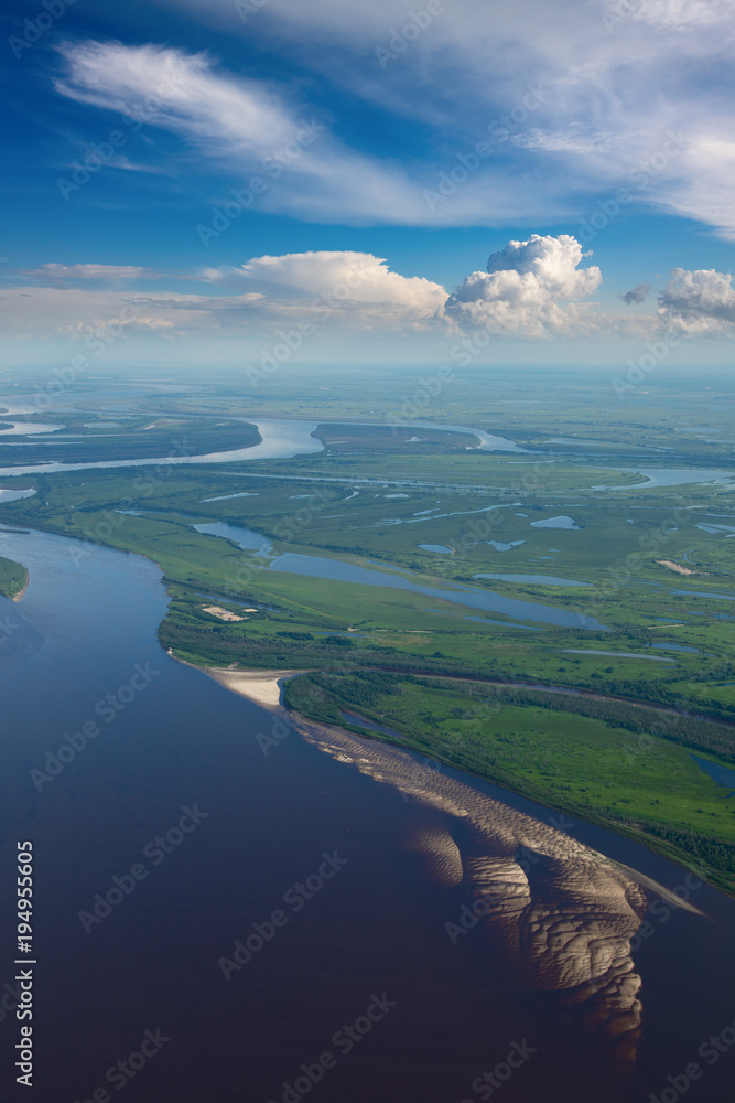 Top view of the great river during summer.