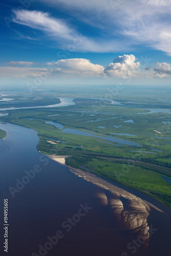 Top view of the great river during summer.