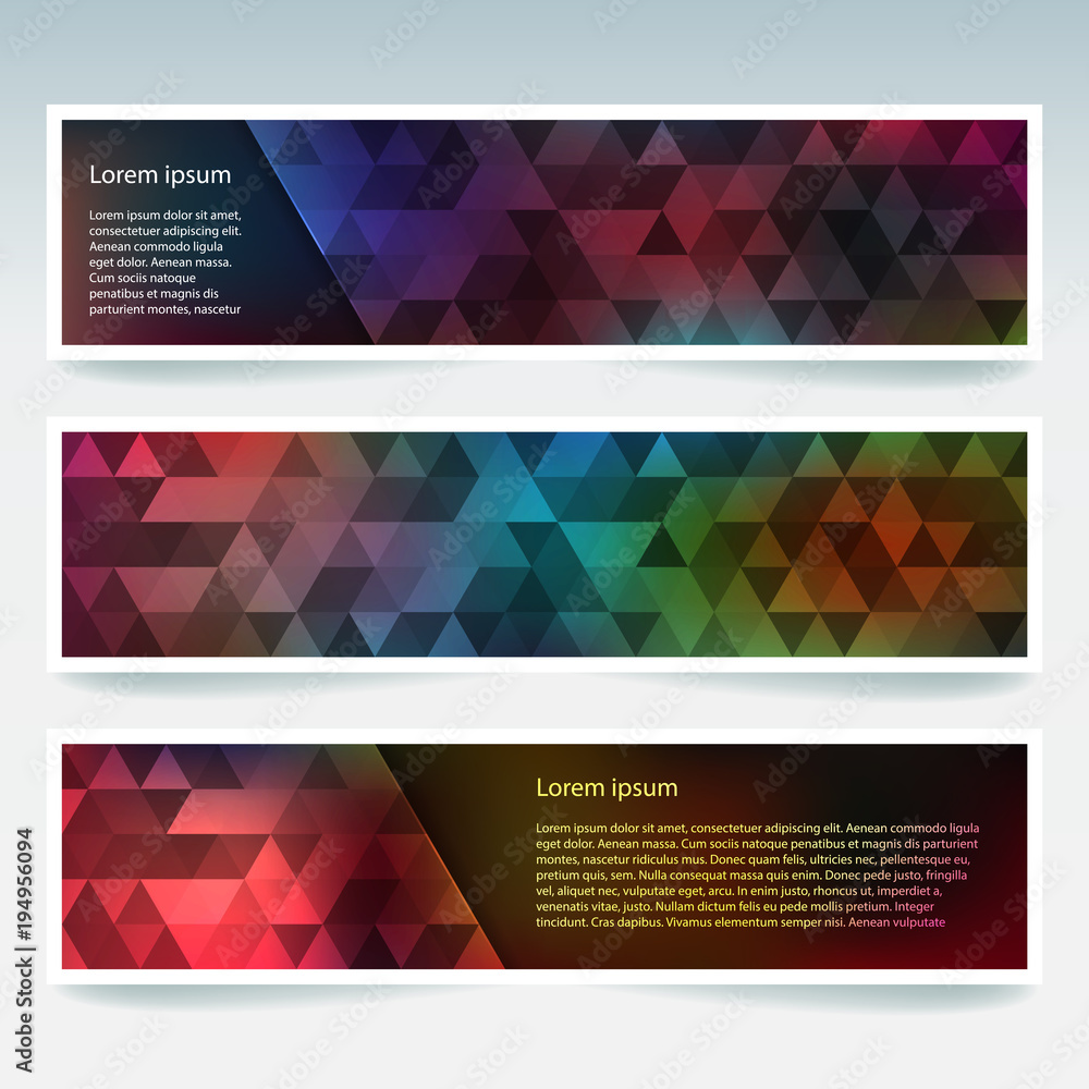Horizontal banners set with polygonal triangles. Polygon background, vector illustration. Red, brown, blue, green colors.