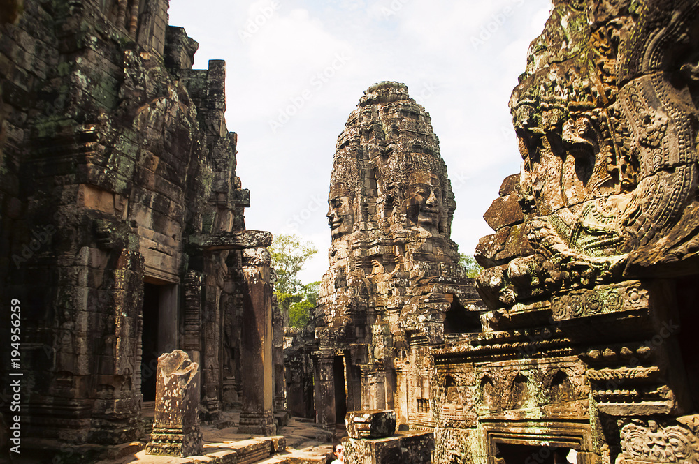 Face towers of the Bayon temple, In the center of Angkor Thom , Siem Reap, Cambodia. UNESCO World Heritage Site