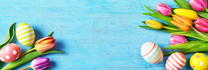 Pretty turquoise blue Easter banner with tulips