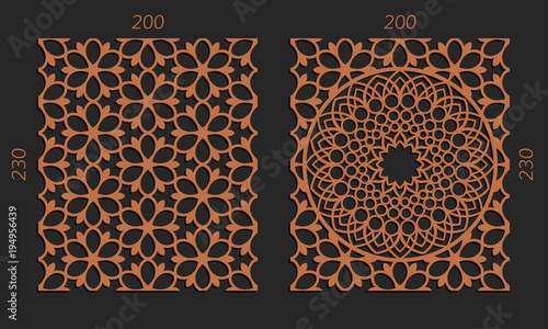 Laser cutting set. Woodcut vector trellis panels. Plywood lasercut floral design. Hexagonal seamless patterns for printing, engraving, paper cut. Stencil lattice ornaments.