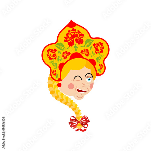 Russia winks avatar of emotions. Russian Girl happy emoji. Female in national hat Kokoshnik. Historical folk cap