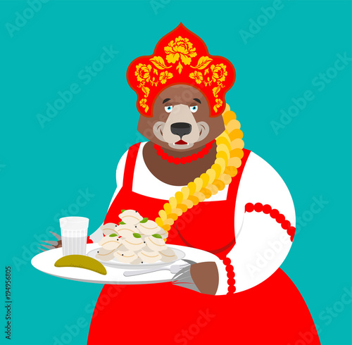 Welcome to Russia. Russian bear and Vodka and dumplings. National food. Tradition of meeting guests. Hospitality. Beast in national costume. ethnic Historical hat Kokoshnik with Khokhloma painting.