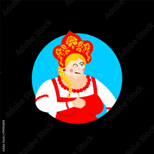 Russia thumbs up and winks girl. Russian woman happy. Female joyful in national costume. ethnic Historical cap Kokoshnik with Khokhloma painting. folk Dress.