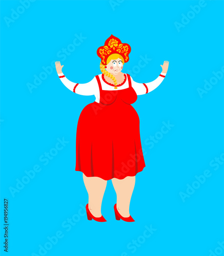 Russia confused oops. Russian perplexed. Female surprise in national costume. ethnic Historical cap Kokoshnik with Khokhloma painting. folk Dress.