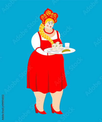 Welcome to Russia. Russian Girl And Vodka and dumplings. National food. Tradition of meeting guests. Hospitality. Female in national costume. ethnic Historical cap Kokoshnik with Khokhloma painting