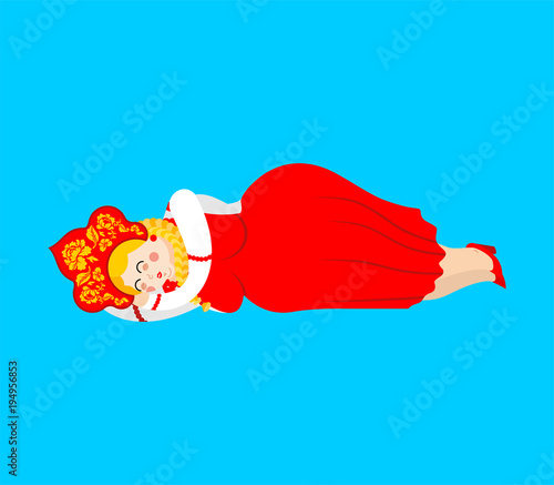 Russia sleeping. Russian Girl asleep. Female  dormant in national costume. ethnic Historical cap Kokoshnik with Khokhloma painting. folk Dress.