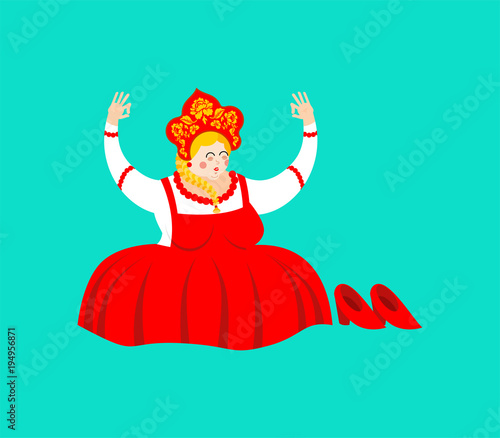 Russia yoga. Russian Girl yogi. Female Relaxation and meditation in national costume. ethnic Historical cap Kokoshnik with Khokhloma painting. folk Dress.