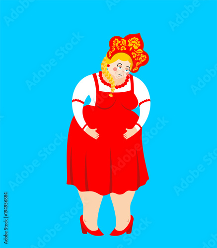 Russia sad. Russian Girl sorrowful. Female dull in national costume. ethnic Historical   cap Kokoshnik with Khokhloma painting. folk Dress.