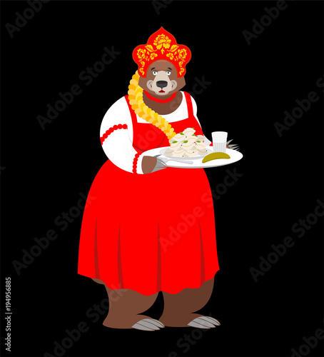 Welcome to Russia. Russian bear and Vodka and dumplings. National food. Tradition of meeting guests. Hospitality. Beast in national costume. ethnic Historical hat Kokoshnik with Khokhloma painting.