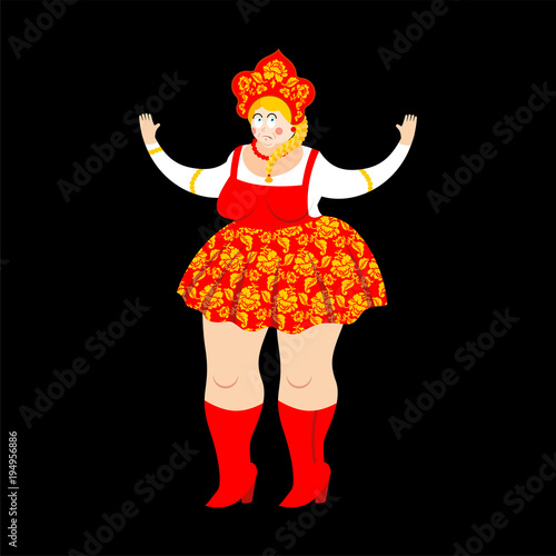 Russia confused oops. Russian perplexed. Female surprise in national costume. ethnic Historical cap Kokoshnik with Khokhloma painting. folk Dress.