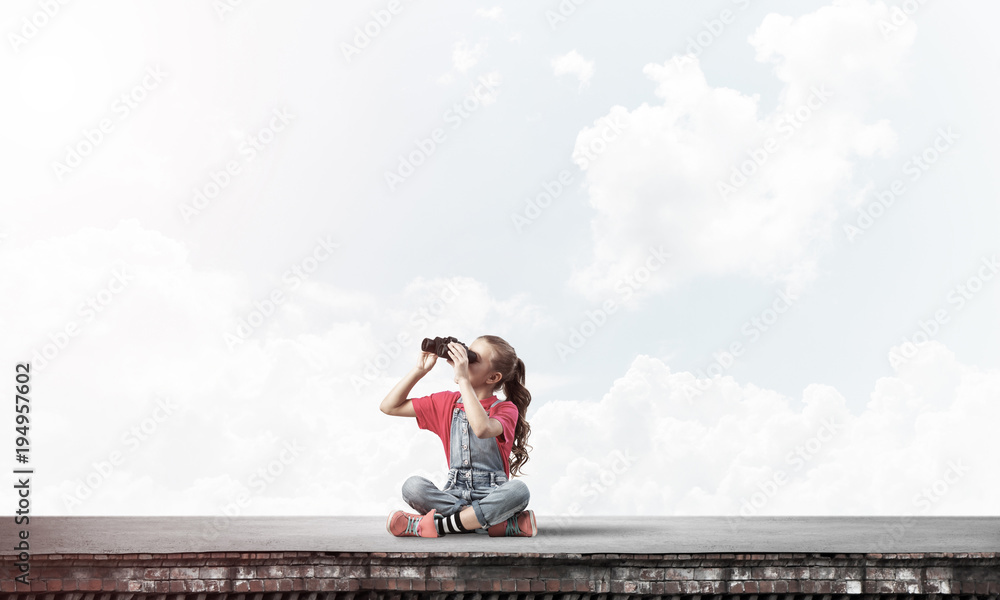 Concept of careless happy childhood with girl of school age look Concept of careless happy childhood with girl of school age look