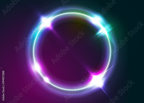 Vector Neon Rounded Frame Illustration. Abstract Background with Led Light Effect. Shining Circle Shape with Vibrant Electric Blue, Pink, Violet Colors. Glowing Digital Symbol. Minimal Neon Design.