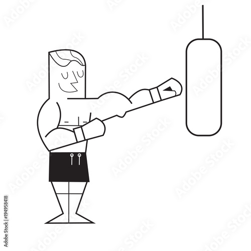 Young boxer training with a punch bag. Vector cartoon illustration.