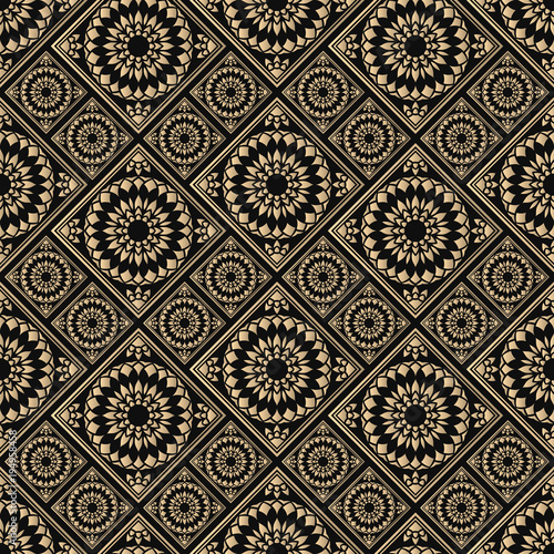 Seamless pattern oriental ornament. Black and golden textile print. Islamic vector design. Floral tiles.
