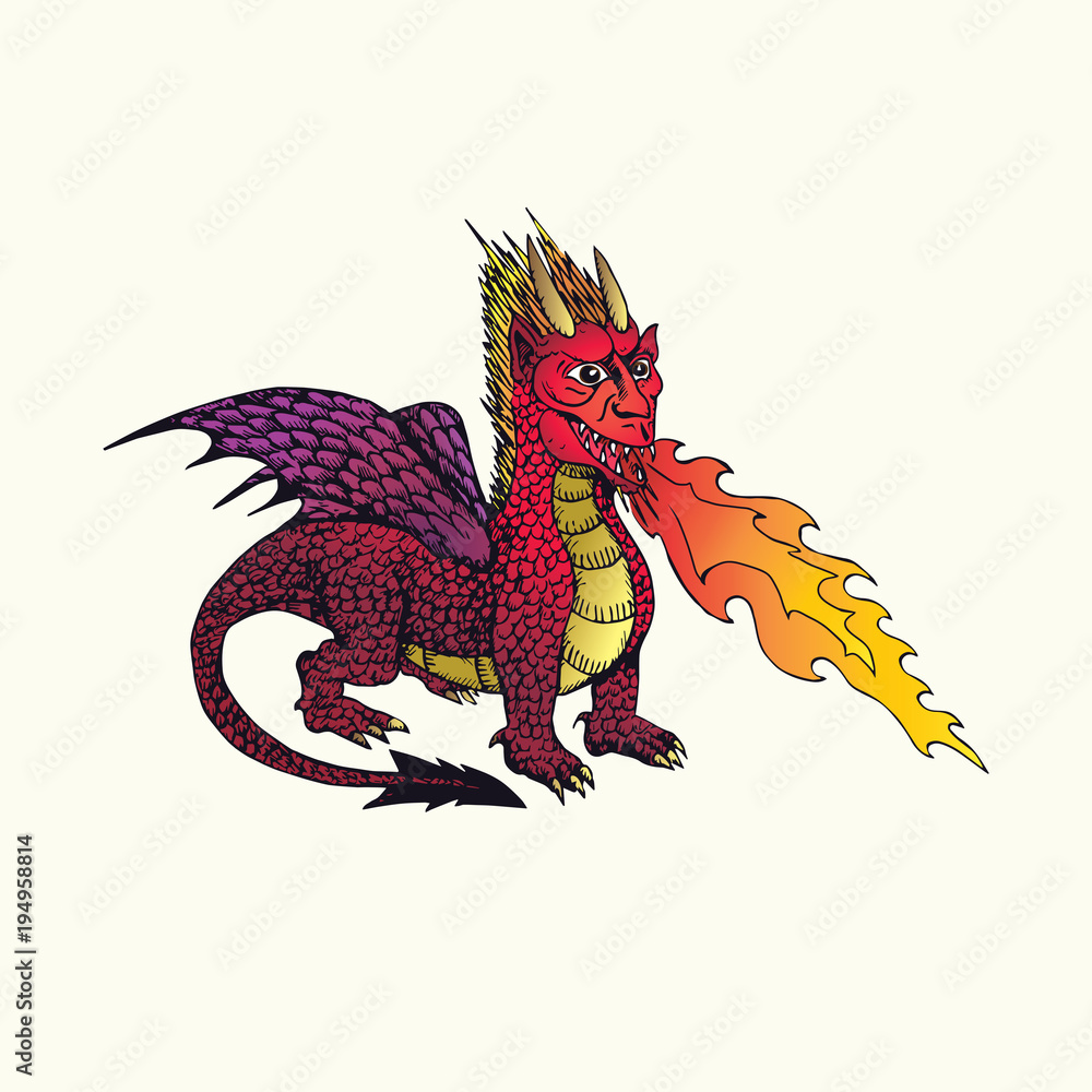 Red Horned Dragon With Wings Blowing Fire Hand Drawn Doodle Sketch Isolated Vector Outline 9731