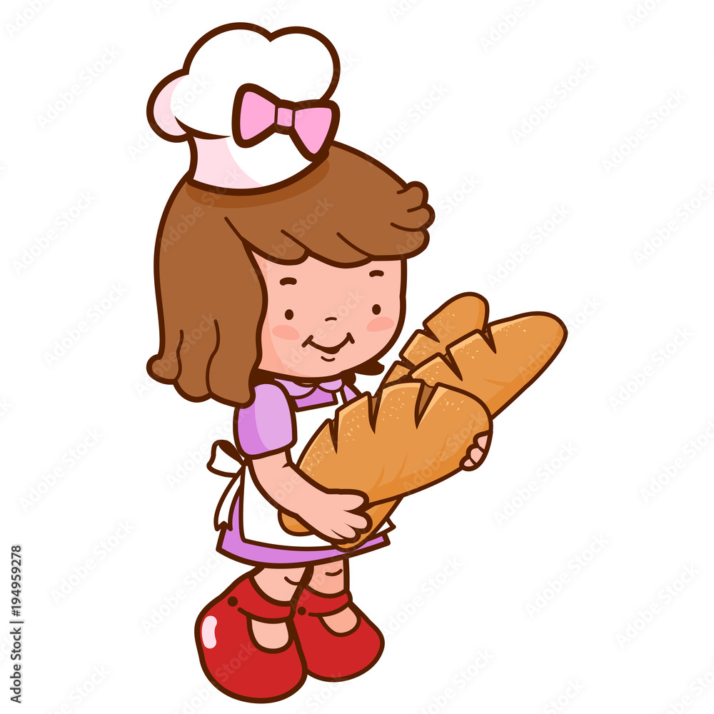 Young baker girl holding freshly baked loaves of bread. Vector illustration Young baker girl holding freshly baked loaves of bread. Vector illustration