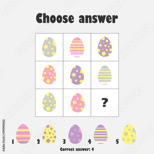 Choose correct answer, IQ test with easter eggs for children, fun education game for kids, preschool worksheet activity, task for the development of logical thinking, vector illustration
