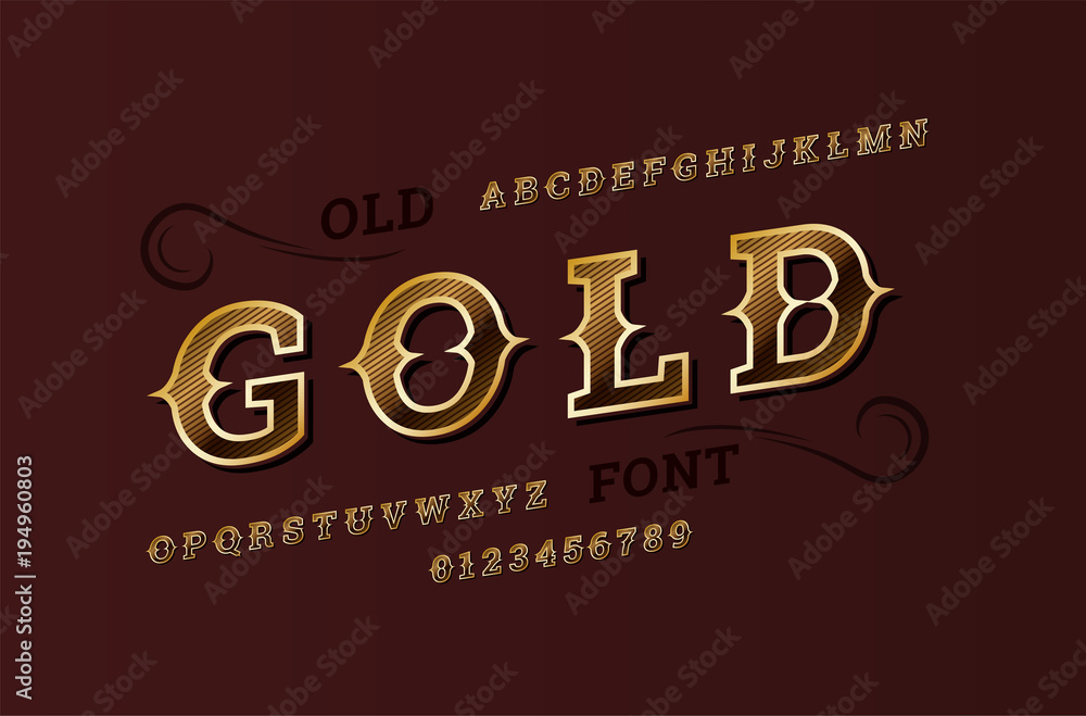 Old gold stylized alphabet. West glossy shining premium font. Vector illustration Old gold stylized alphabet. West glossy shining premium font. Vector illustration