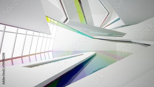 Abstract white and colored gradient glasses interior multilevel public space with window. 3D illustration and rendering.