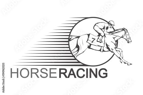 Horse racing. Jockey on racing horse running to the finish line. Race course