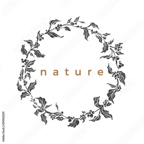 Vector illustration of floral wreath with coffee