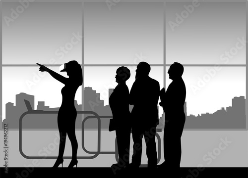 A group of people in a review of VR glasses in office, one in the series of similar images silhouette