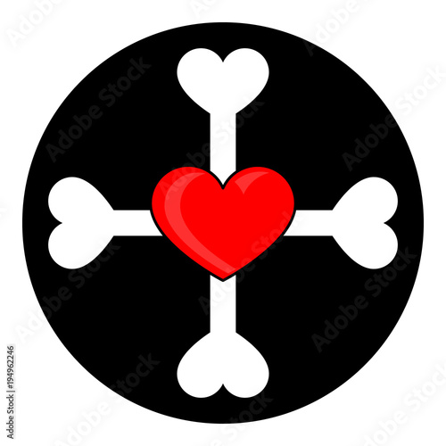 Heart and bones icon. Bones with heart in black round icon.  Isolated vector illustration in flat style. 