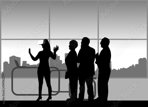 A group of people in a review of VR glasses in office, one in the series of similar images silhouette