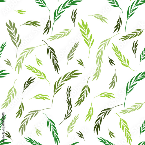 Vector seamless pattern. Floral stylish background with graphic leaves and twigs. Branches of leaves in Green shades on white background. 