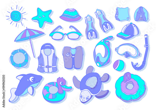 Set with swimming goods for kids. Vector color illustration