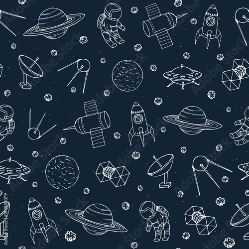 Vector seamless pattern with cosmonauts, satelites, rockets, planets, moon, falling stars and UFO contours in sketch style. Cosmic background. Space travel theme.