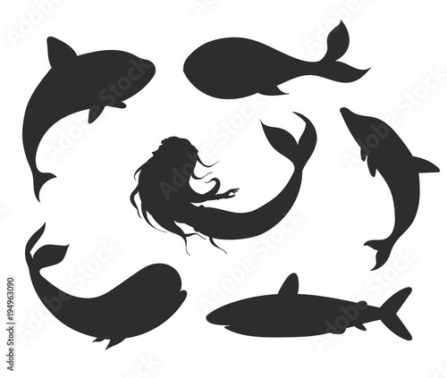 Set of vector underwater life silhouettes with mermaid  whales  shark  narwhal and dolphin. Sea creatures shapes isolated on the white background.