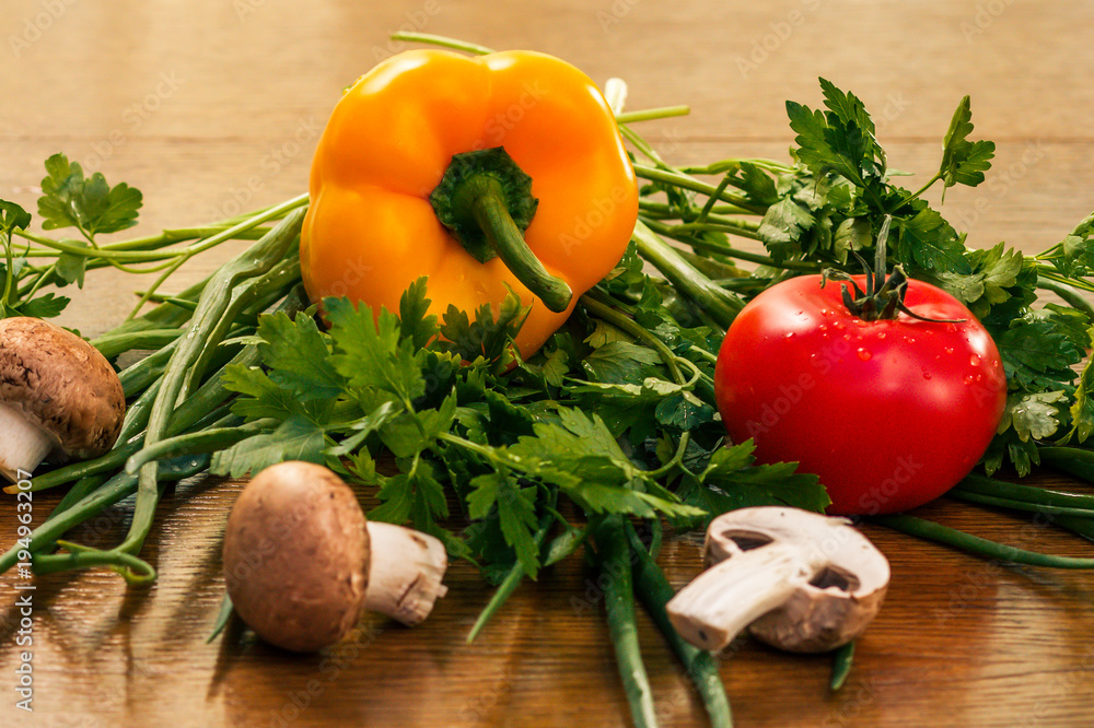 Set of fresh natural products with pepper, tomato, mushrooms, onion and parsley Set of fresh natural products with pepper, tomato, mushrooms, onion and parsley
