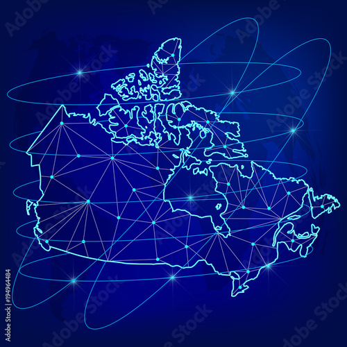 Global logistics network concept. Communications network map of the Canada on the world background. Map of Canada with nodes in polygonal style. Vector illustration EPS10. 