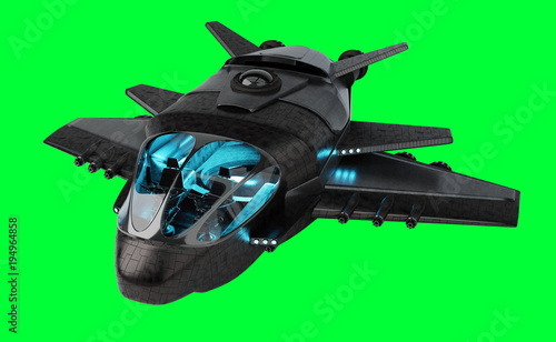 Fototapeta Naklejka Na Ścianę i Meble -  Futuristic spacecraft isolated on green background 3D rendering