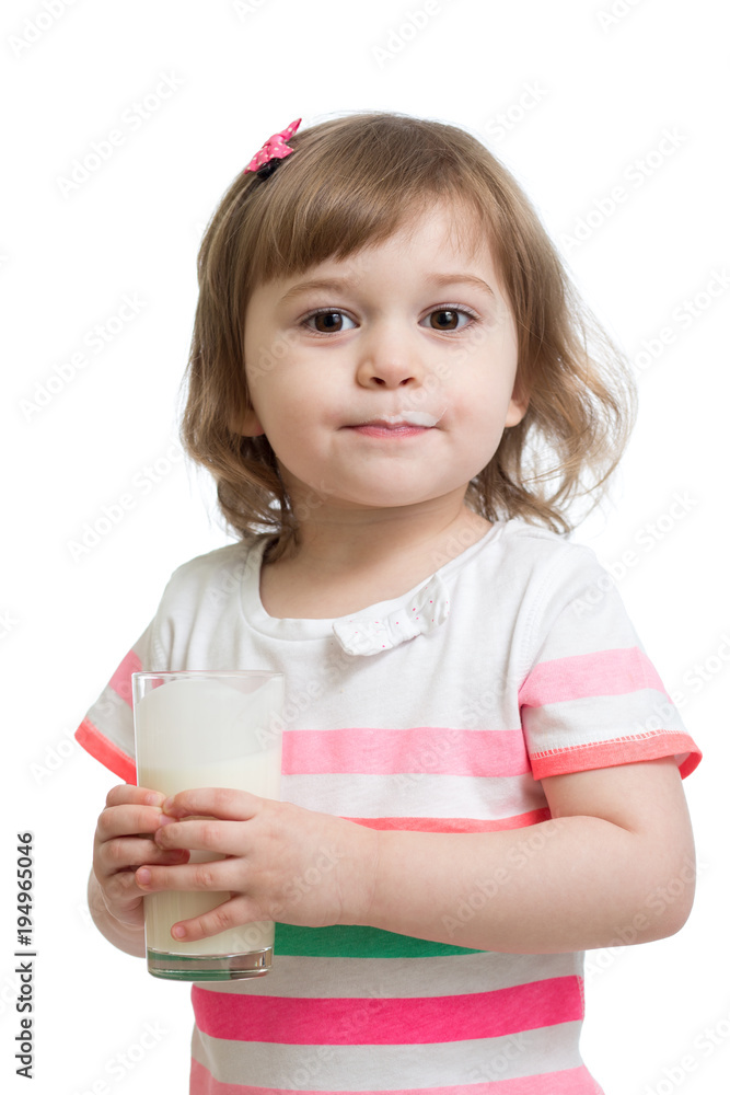 Kid Girl drinking milk or yogurt from glass Kid Girl drinking milk or yogurt from glass