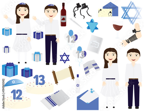 Jewish Bar mitzvah Bat mitzvah vector icons elements. Jewish girl celebrating 12th birthday,  Jewish boy celebrating 13th birthday