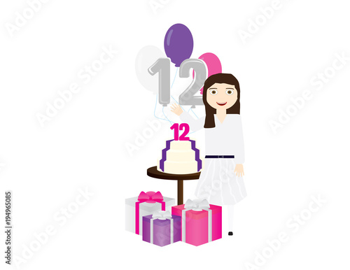 Girl 12th birthday vector illustration. girl, birthday cake, balloons and gift box