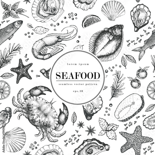Seafood vector seamless pattern for restaurants, emblem, vector image. Retro illustration