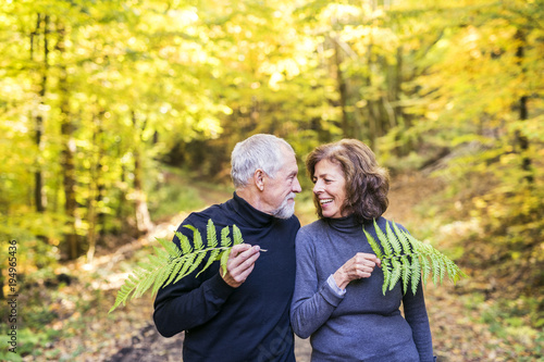 Senior couple on a walk in autumn forest.