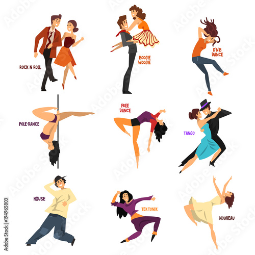 Professional dancer people dancing, young man and woman performing modern and classical dances vector Illustrations on a white background