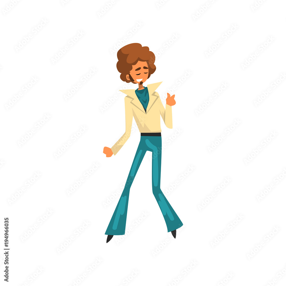 Man in 1980s style clothes dancing disco at music party, male dancer character vector Illustration on a white background Man in 1980s style clothes dancing disco at music party, male dancer character vector Illustration on a white background