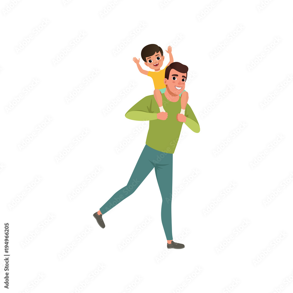Dad carrying son on his shoulders, loving father and kid spending time together vector Illustration on a white background Dad carrying son on his shoulders, loving father and kid spending time together vector Illustration on a white background