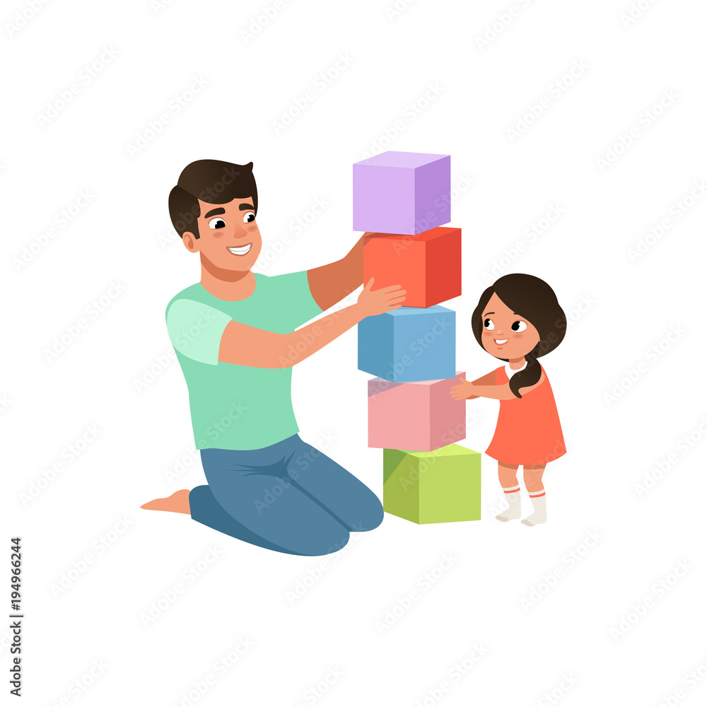 Smiling dad playing cubes with his daughter, loving father and kid spending time together vector Illustration on a white background Smiling dad playing cubes with his daughter, loving father and kid spending time together vector Illustration on a white background