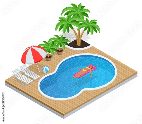 Isometric Aqua Park with water pool. Illustration isolated on white background Summer Vacation concept. Enjoying suntan Woman in bikini on the inflatable mattress in the swimming pool.
